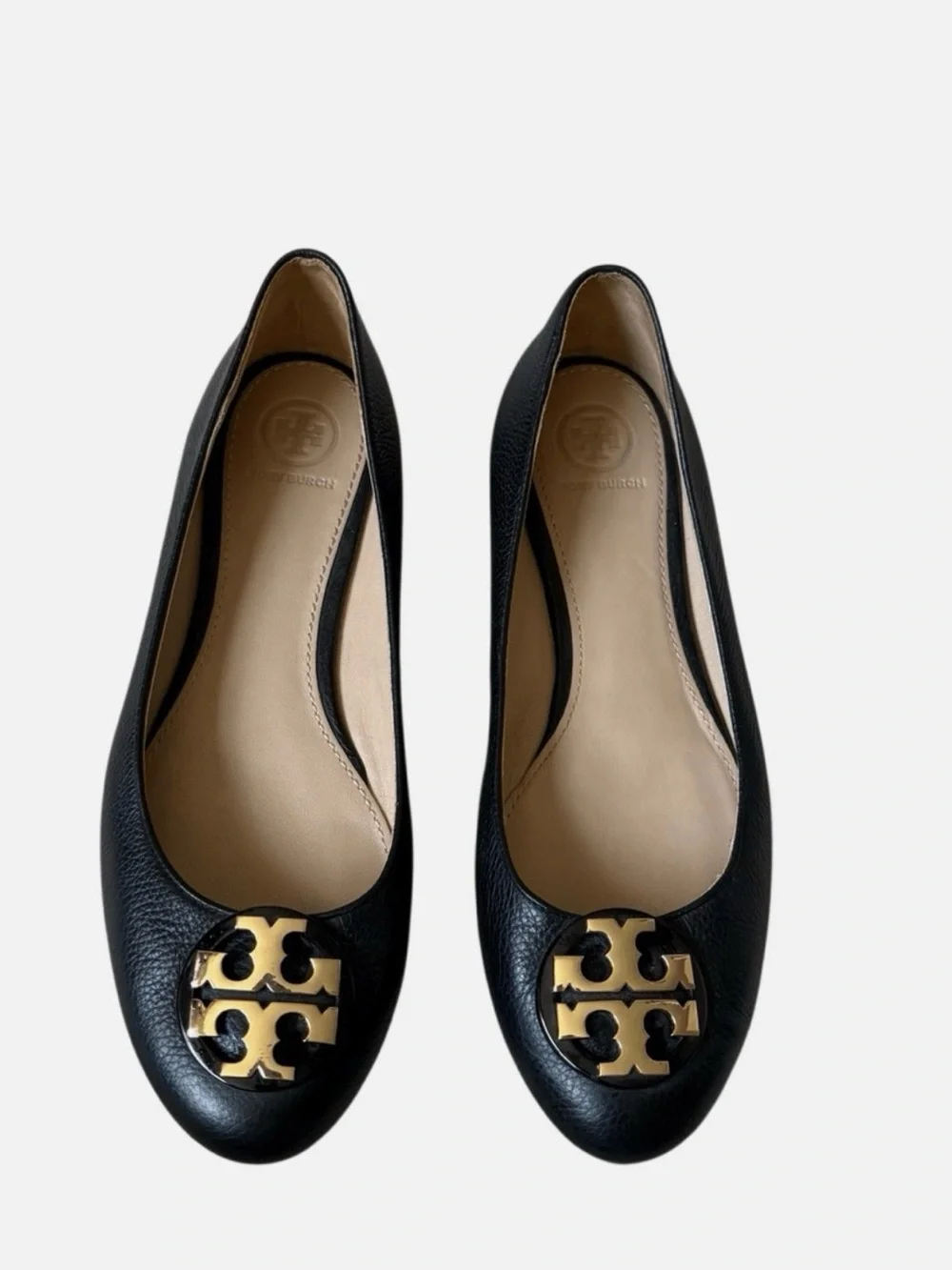 Tory Burch Claire Ballet Flats Size 6 Black Leather Gold Logo